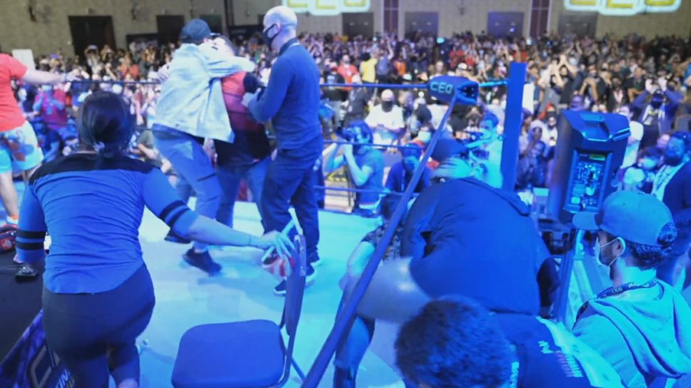Family rushes stage as Mono takes out Punk 3-0 to become CEO Street Fighter V champion. cover image