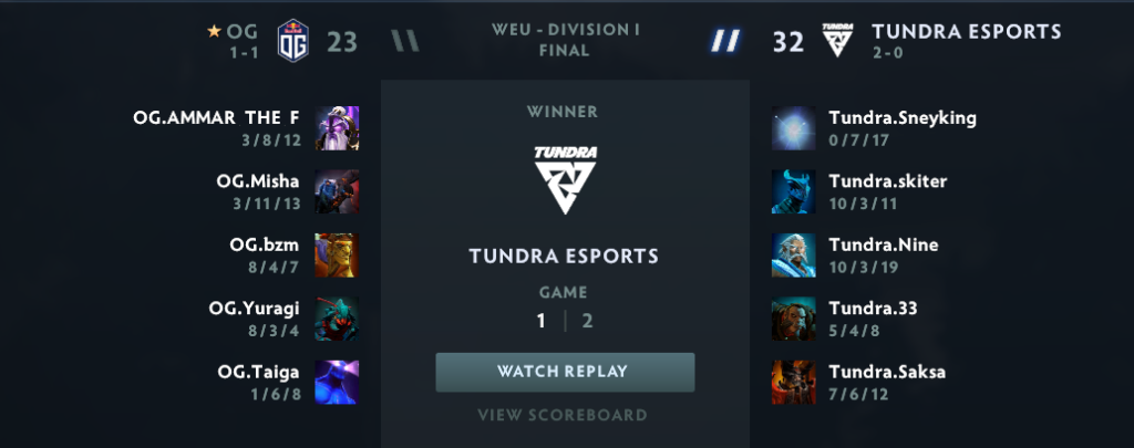 OG versus Tundra game 1 final score