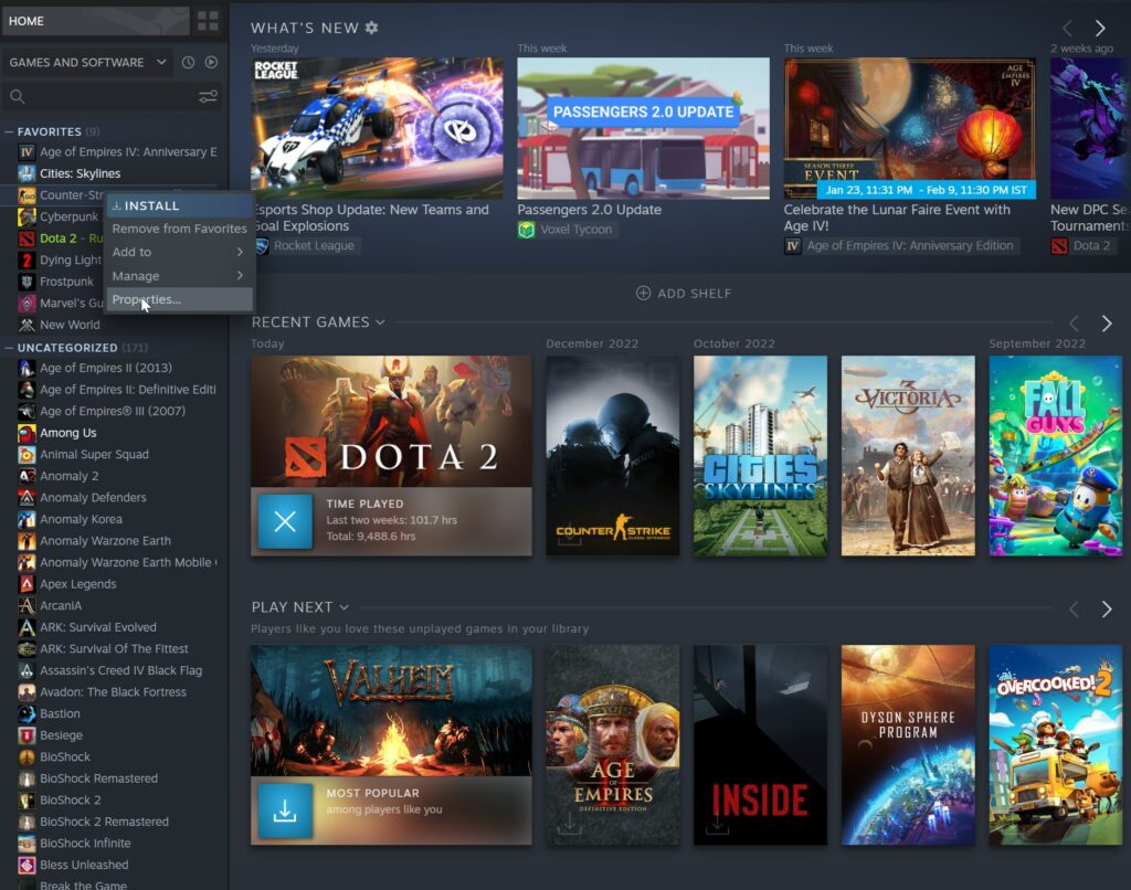<em><em>Right-click on CS:GO in your Steam library and click on properties.</em></em>