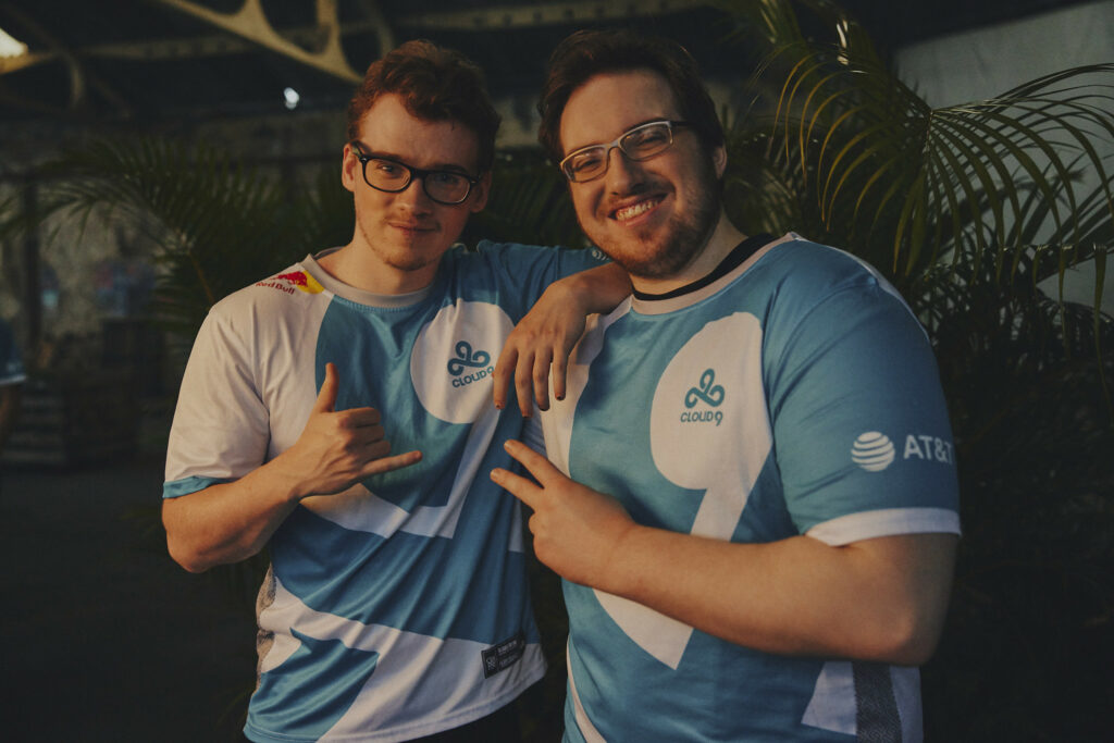 Jordan "Zellsis" Montemurro (L) and C9 Jaccob "yay" Whiteaker of Cloud9 pose during the VALORANT Champions Tour 2023: LOCK//IN features day on February 11, 2023, in Sao Paulo, Brazil. (Photo by Lance Skundrich/Riot Games)