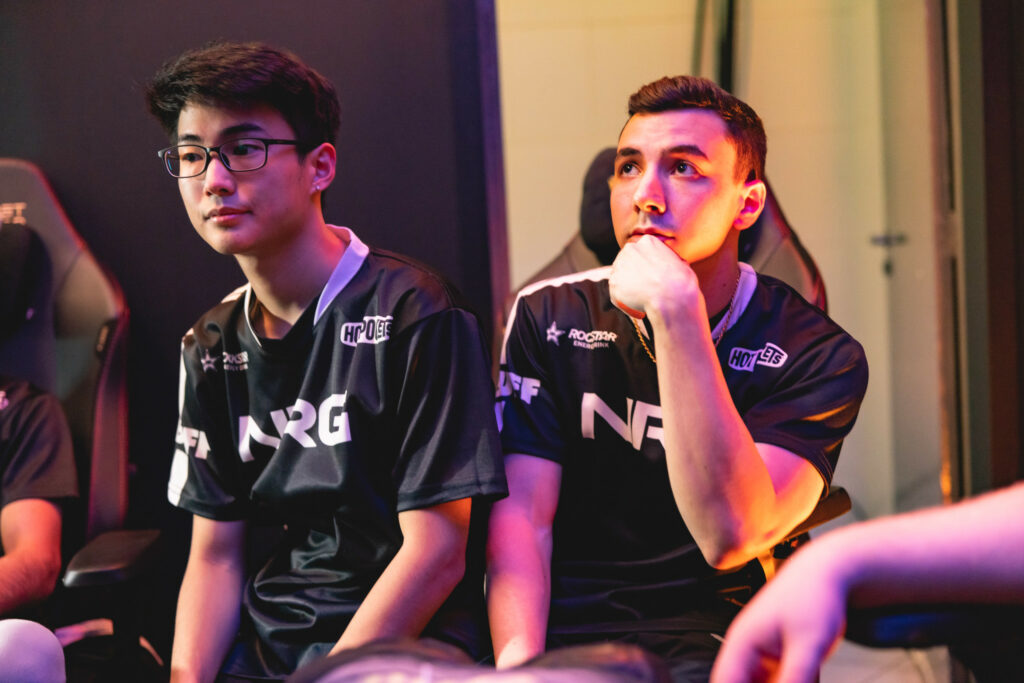 Sam "s0m" Oh (L) and Austin "crashies" Roberts of NRG are seen backstage between matches at the VALORANT Champions Tour 2023: LOCK//IN Groups Stage on February 17, 2023 in Sao Paulo, Brazil. (Photo by Colin Young-Wolff/Riot Games)