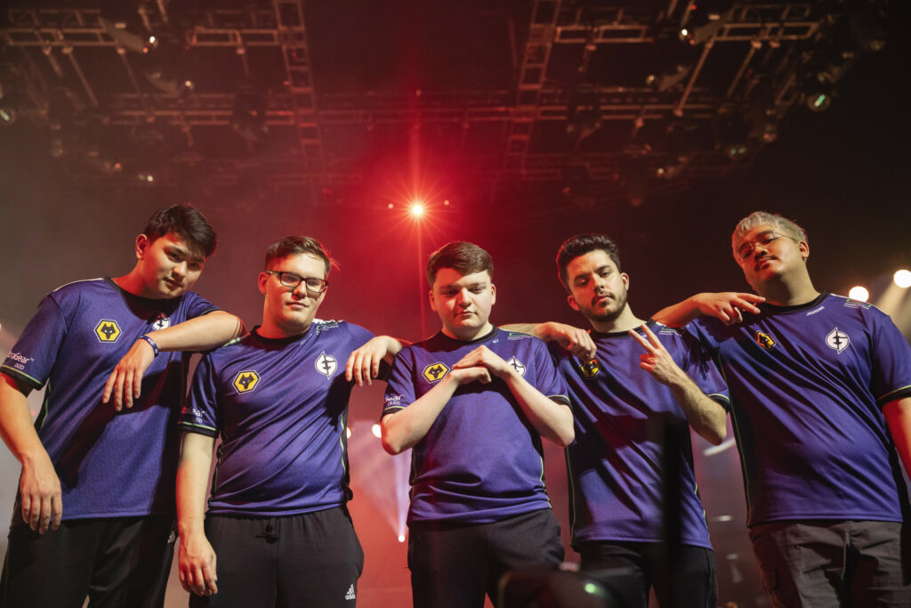 Evil Geniuses is seen at the VALORANT Champions Tour 2023: LOCK//IN tech check on February 12, 2023, in Sao Paulo, Brazil. EG BcJ is flanked by Ethan and Jawgemo on the right; Boostio and Com on the left. (Photo by Colin Young-Wolff/Riot Games)
