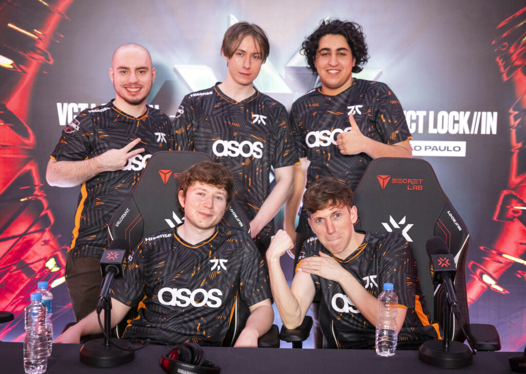 Fnatic poses for a photo at press conference after victory at the VALORANT Champions Tour 2023: LOCK//IN Groups Stage on February 26, 2023 in Sao Paulo, Brazil. From top left - Derke, Chronicle, Alfajer, Coach Mini, Boaster. (Photo by Colin Young-Wolff/Riot Games)