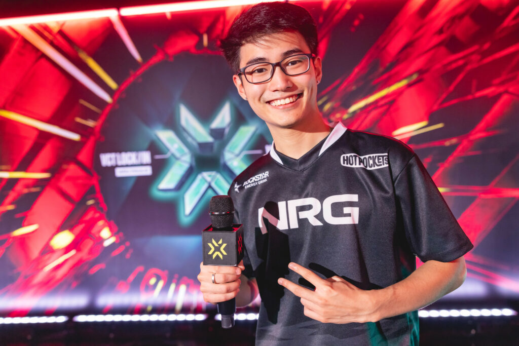 Sam "s0m" Oh of NRG poses during a post-match interview at the VALORANT Champions Tour 2023: LOCK//IN Groups Stage on February 17, 2023 in Sao Paulo, Brazil. (Photo by Colin Young-Wolff/Riot Games)