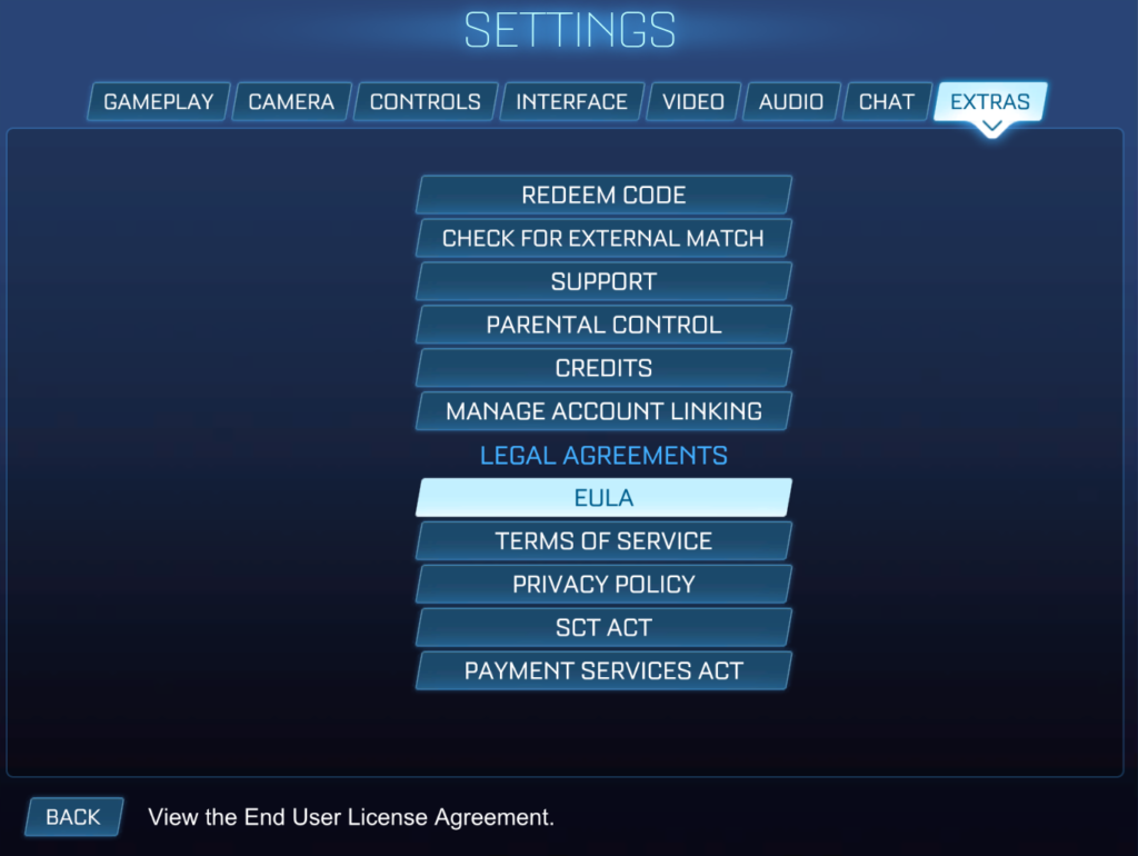 A screenshot in-game of the Rocket League license agreement.