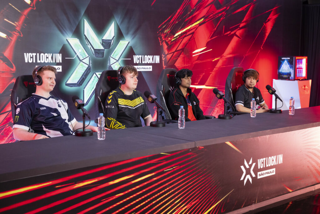 FEBRUARY 21: (L-R) Igor "Redgar" Vlasov of Team Liquid, Santeri "BONECOLD" Sassi of Team Vitality, Ganesh "SkRossi" Gangadhar of Global Esports, and Jessie "JessieVash" Cristy Cuyco of Team Secret participate during the VALORANT Champions Tour 2023: LOCK//IN press conference on February 21, 2023 in São Paulo, Brazil. (Photo by Colin Young-Wolff/Riot Games)
