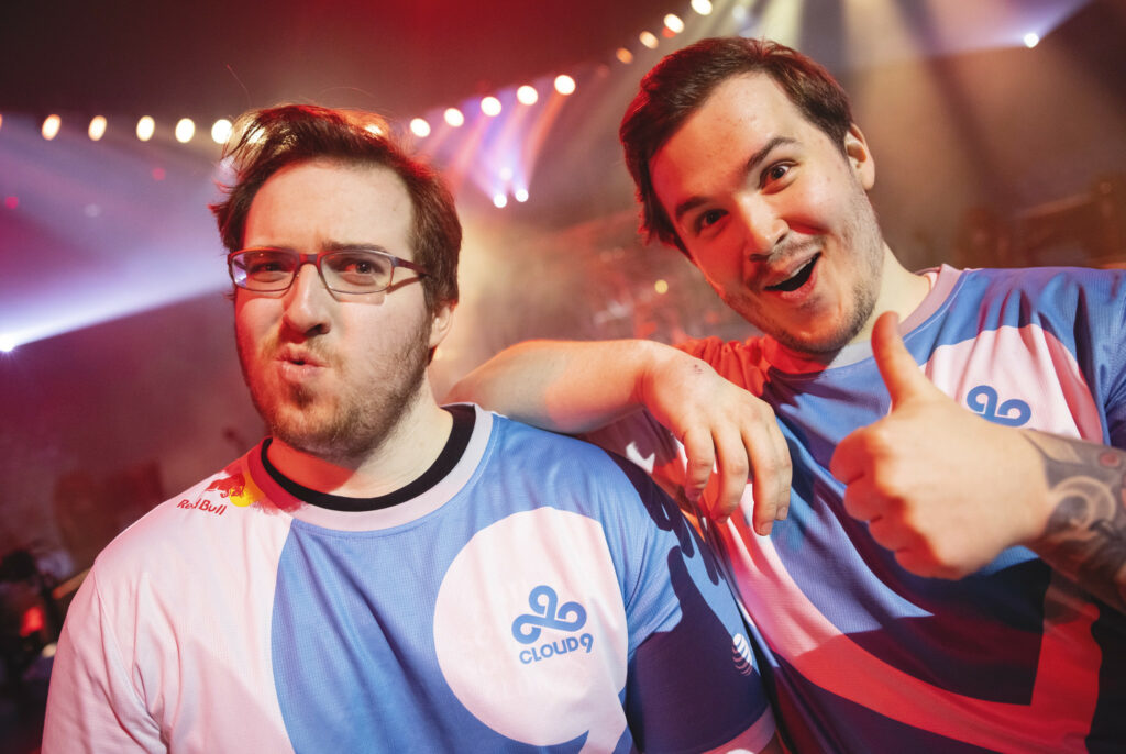 Jaccob "yay" Whiteaker (L) and Anthony ''vanity'' Malaspina of Cloud9 are seen at the VALORANT Champions Tour 2023: LOCK//IN tech check on February 12, 2023, in Sao Paulo, Brazil. (Photo by Colin Young-Wolff/Riot Games)