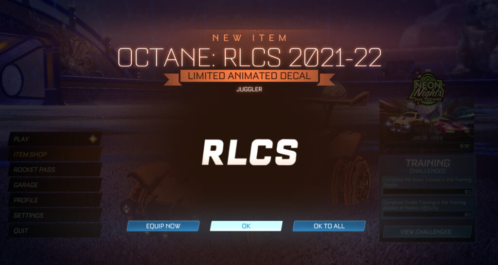 <em>Octane: RLCS 2021-22 Limited Animated Decal - Juggler. From Rocket League Fan Rewards. Image via Esports.gg.</em>