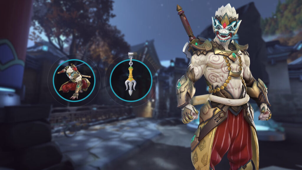 The Divine Monkey pose and Divine Trident weapon charm (Image via Blizzard Entertainment)