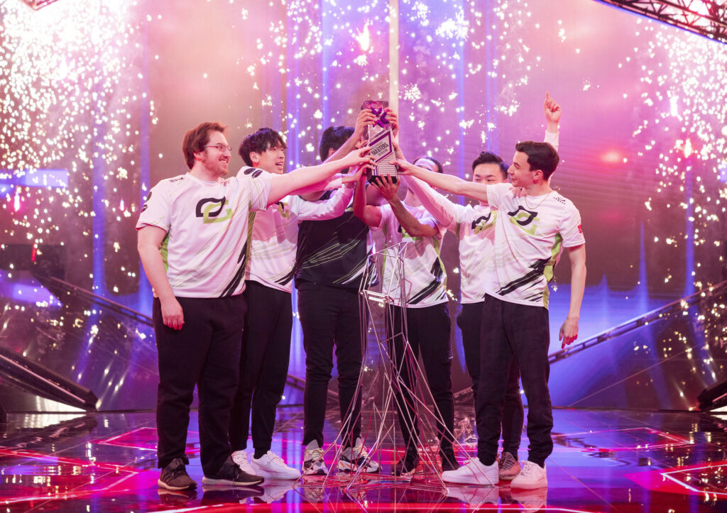<em>OpTic Gaming celebrates with a trophy lift after their victory at the VALORANT Masters Finals on April 24, 2022 in Reykjavik, Iceland. (Photo by Colin Young-Wolff/Riot Games)</em>