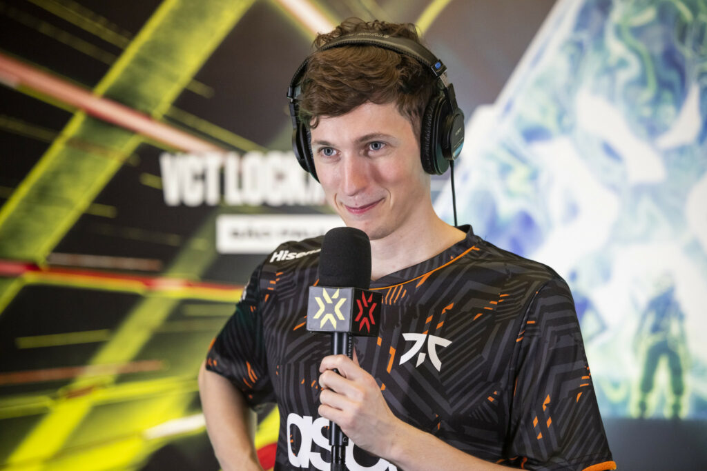 Jake "Boaster" Howlett of Fnatic speaks during a post match interview at the VALORANT Champions Tour 2023: LOCK//IN Groups Stage on February 27, 2023 in Sao Paulo, Brazil. (Photo by Colin Young-Wolff/Riot Games)