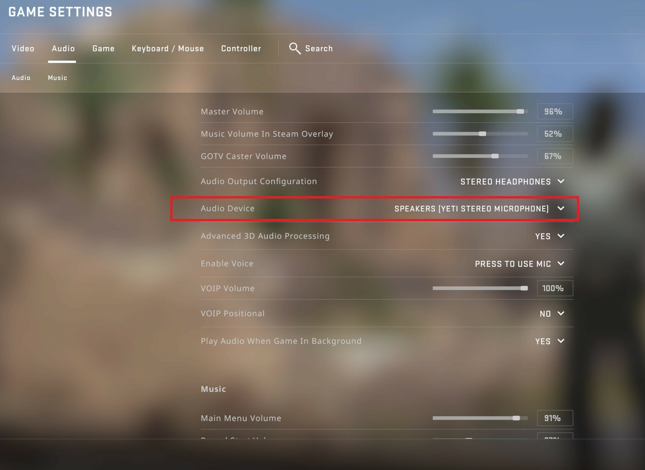 If your CS:GO voice chat is not working, check the audio settings. Go to the correct audio settings in game. (Image Credit: Esports.gg)