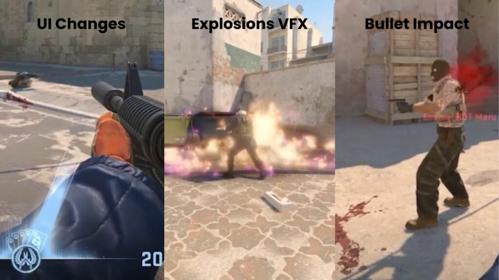 Counter Strike 2 features overhauled VFX including improvements to the UI, explosions and Bullet Impact.
