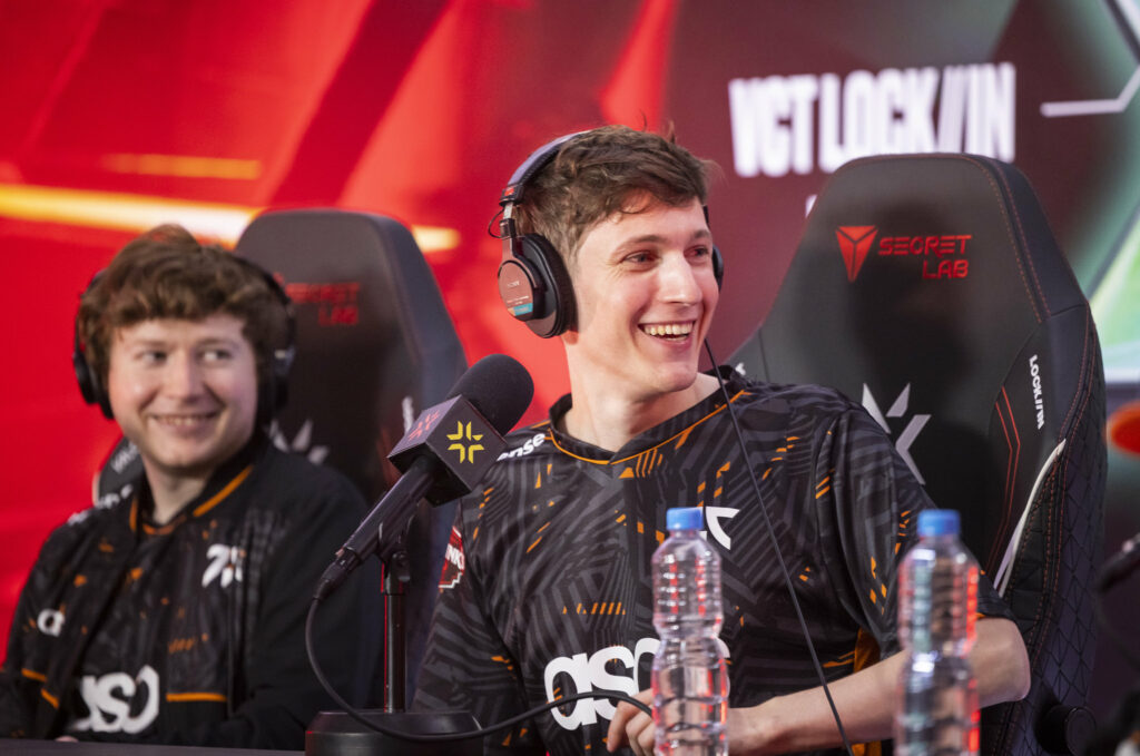 Coach Jacob "mini" Harris (L) and Jake "Boaster" Howlett of Fnatic participate in a post-match press conference at the VALORANT Champions Tour 2023: LOCK//IN Groups Stage on February 27, 2023 in Sao Paulo, Brazil. (Photo by Colin Young-Wolff/Riot Games)