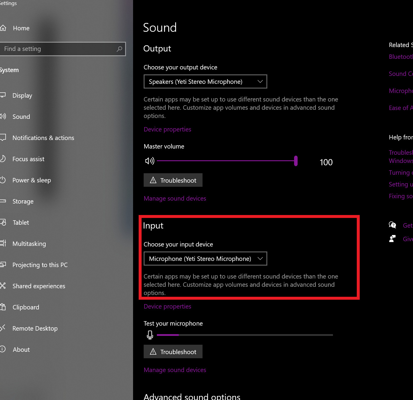 Check the input section in the sound settings.