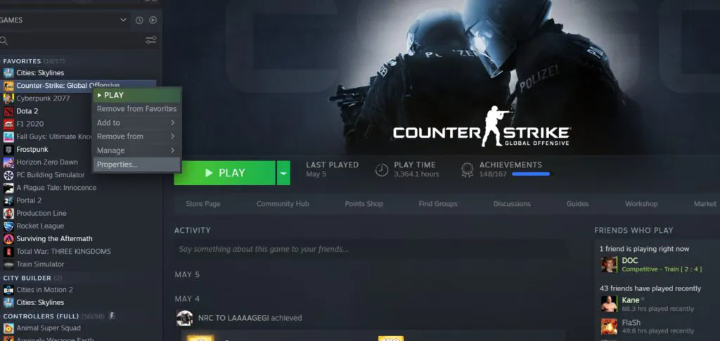 The options for CS:Go are open and the mouse is hovering over properties