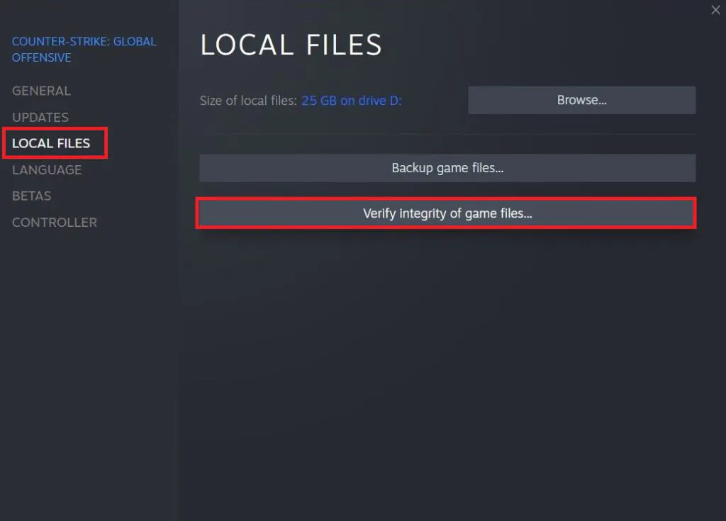 Click on Verify Integrity of Steam Files (Image Credit: Esports.gg)