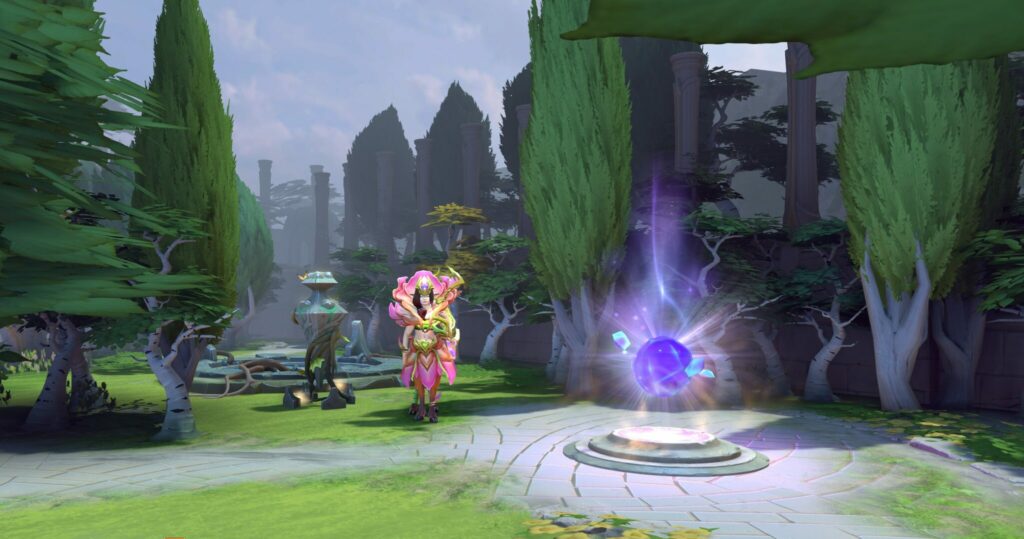 The Wisdom Rune has a purplish hue and is found near the (former) safe lanes. So for Radiant, Wisdom runes are near the top lane while for Dire they are near the bottom lane. (Image Credit: Esports.gg)