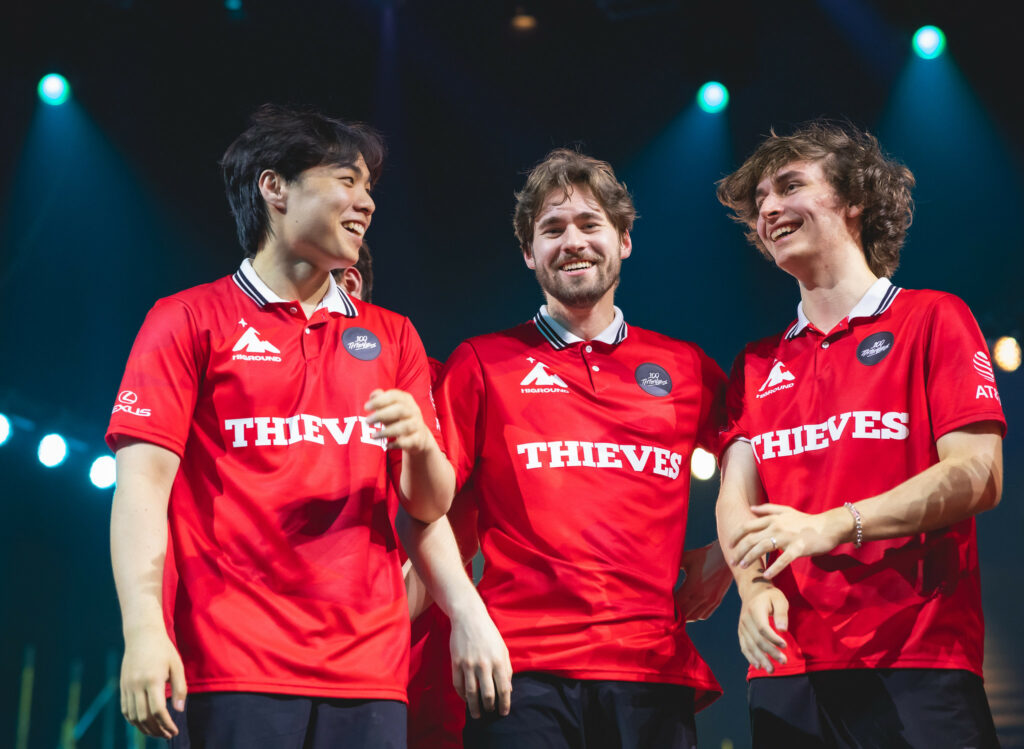 100 Thieves is all smiles after a victory at VCT LOCK//IN (Photo by Colin Young-Wolff/Riot Games)