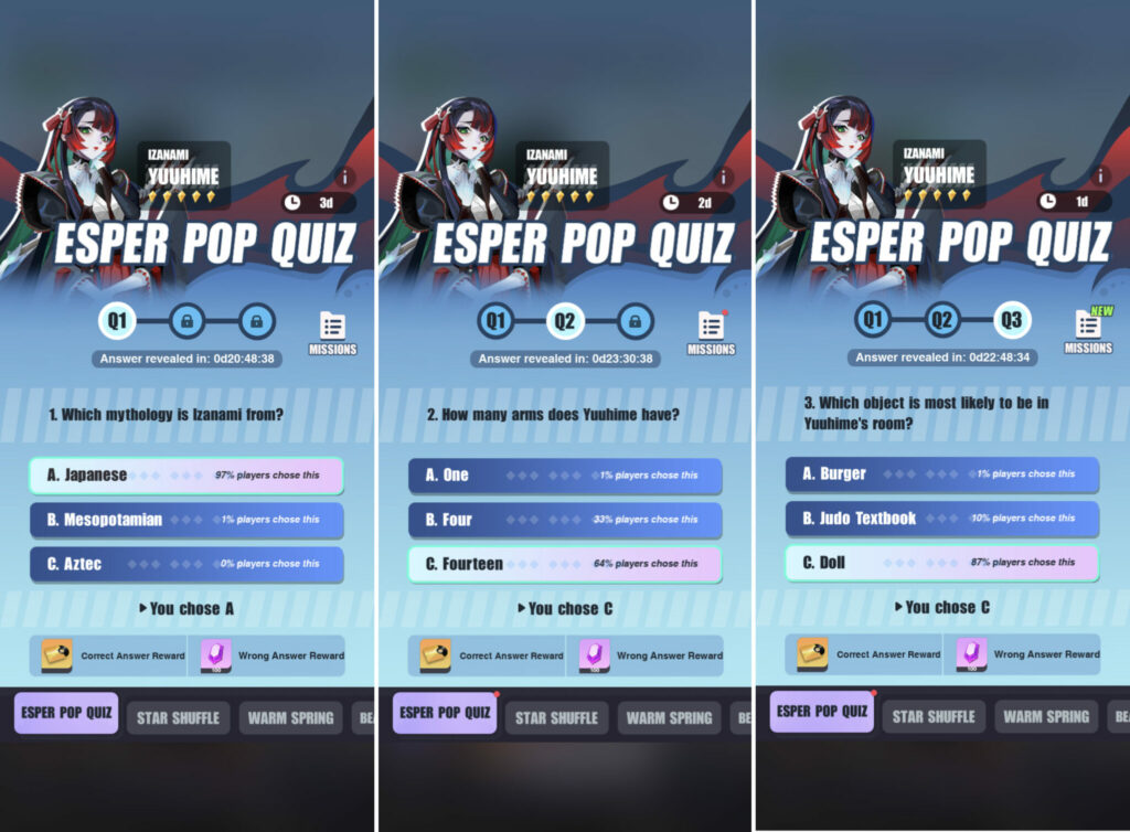 Dislyte Esper Pop Quiz Yuuhime answers (Image via Lilith Games)