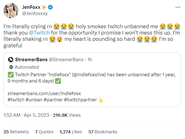IndieFoxx's reply to the news of her being unbanned on Twitch.