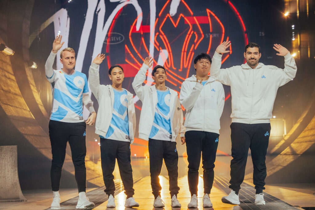 LONDON, ENGLAND - MAY 14: Cloud9 poses onstage after victory against Golden Guardians at the League of Legends - Mid-Season Invitational Bracket Stage on May 14 2023 in London, England. (Photo by Colin Young-Wolff/Riot Games)