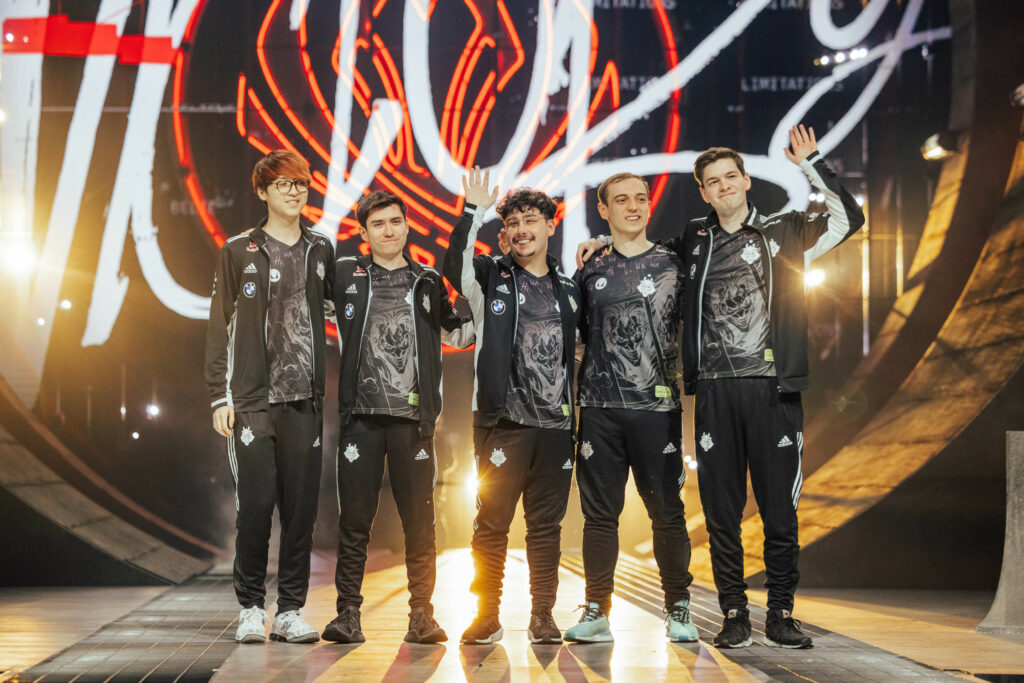 LONDON, ENGLAND - MAY 13: G2 Esports poses onstage after victory against MAD Lions at the League of Legends - Mid-Season Invitational Bracket Stage on May 13 2023 in London, England. (Photo by Colin Young-Wolff/Riot Games)
