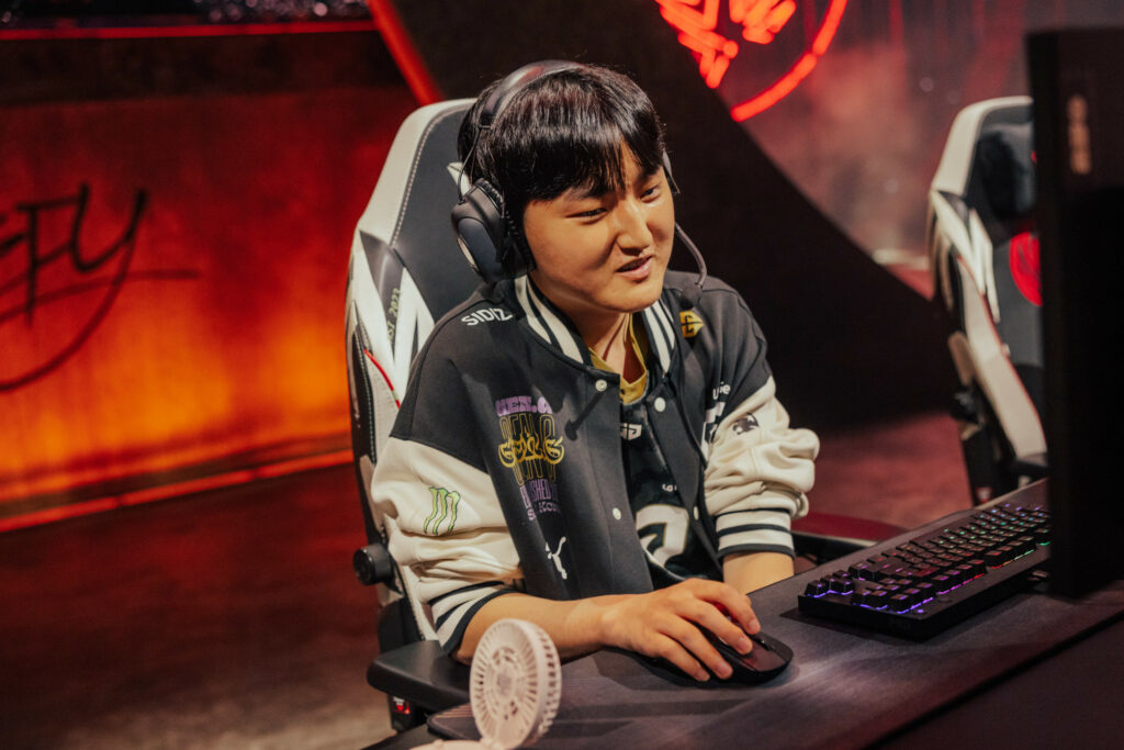 LONDON, ENGLAND - MAY 09: Kim "Peyz" Su-hwan of Gen.G Esports reacts after victory against G2 Esports at the League of Legends - Mid-Season Invitational Bracket Stage on May 9 2023 in London, England. (Photo by Colin Young-Wolff/Riot Games)