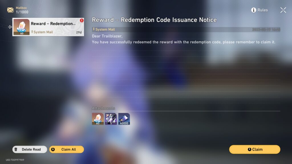 Once you've redeemed your code you will receive a new mail in your Mailbox. Click Claim to receive the rewards
