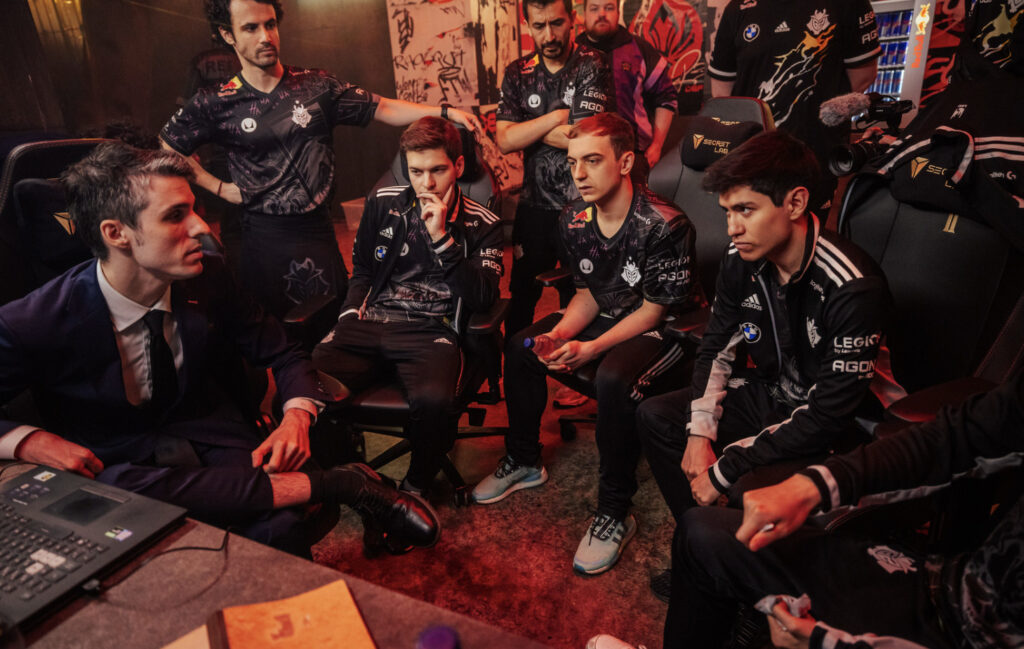 G2 Esports between matches against Gen.G on Day 1 of the bracket stage (Image via Colin Young-Wolff and Riot Games)