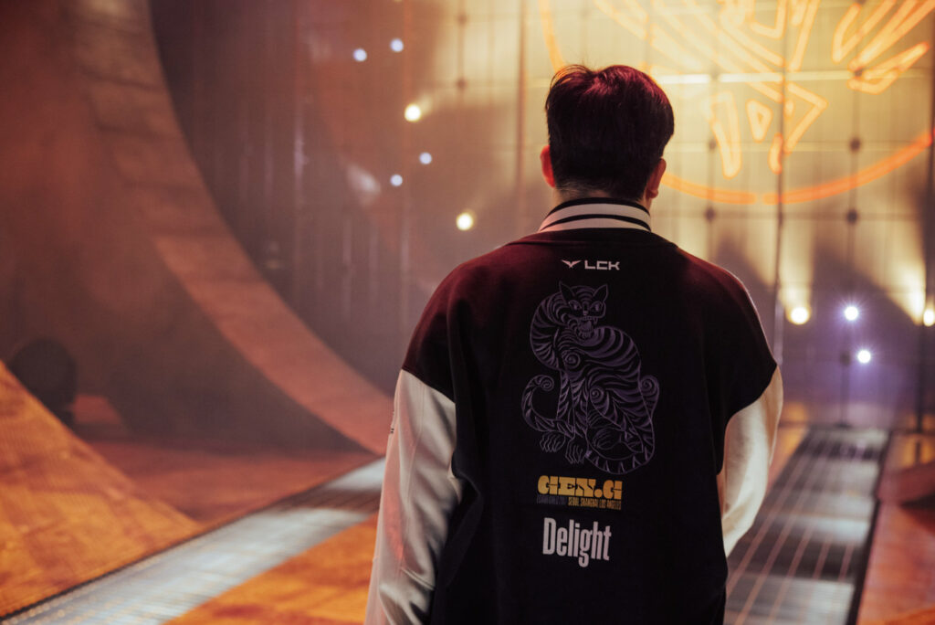 Delight walking backstage between games in the series vs BLG - image via Colin Young-Wolff/Riot Games