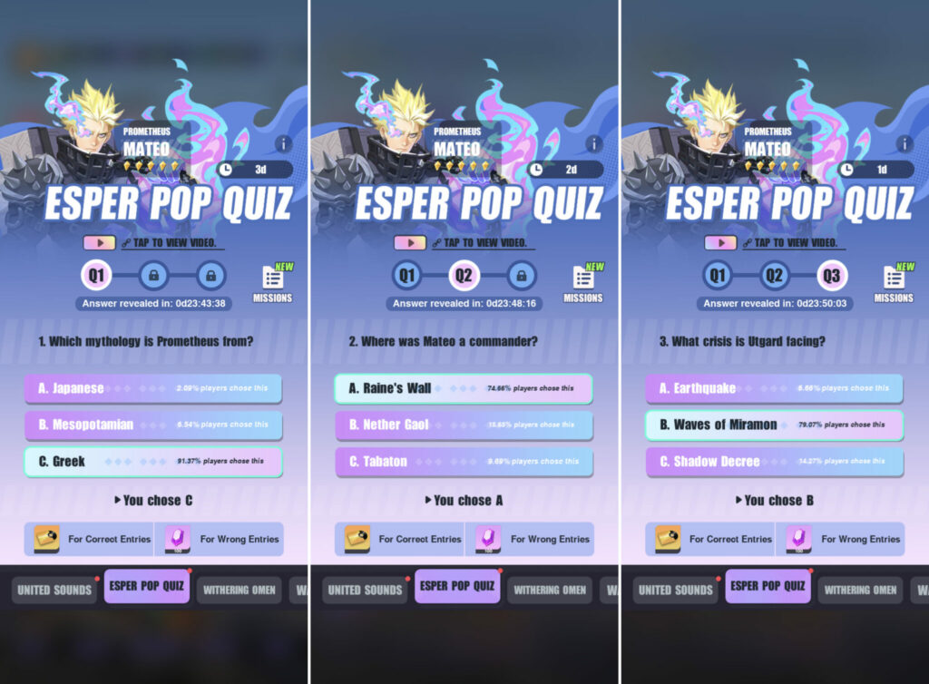 Dislyte Esper Pop Quiz Mateo answers (Image via Lilith Games)