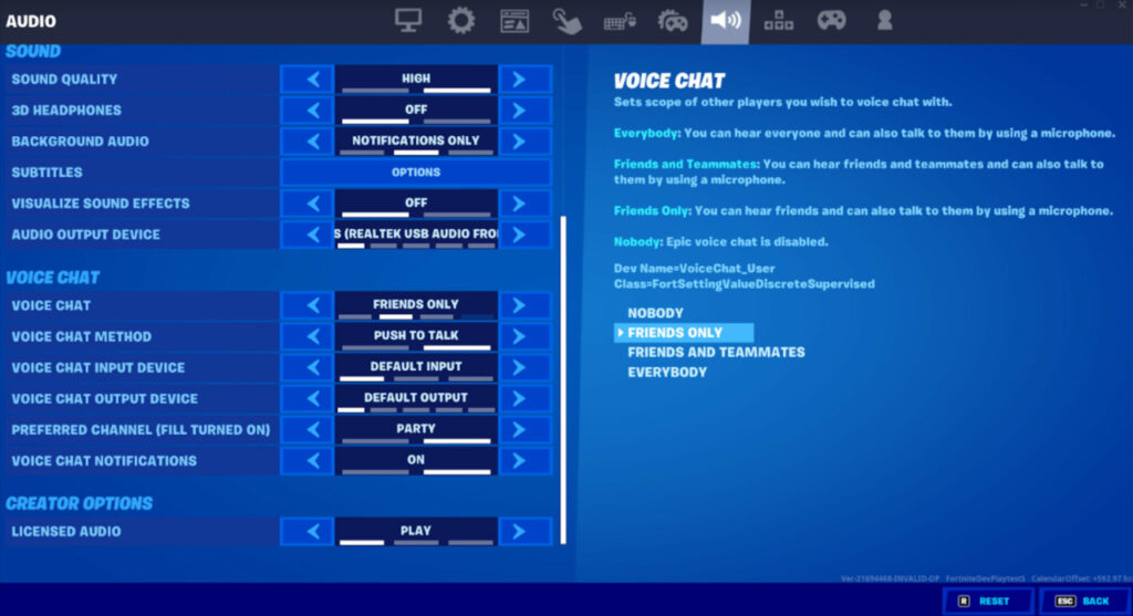 Fortnite voice chat options (Image via Epic Games)