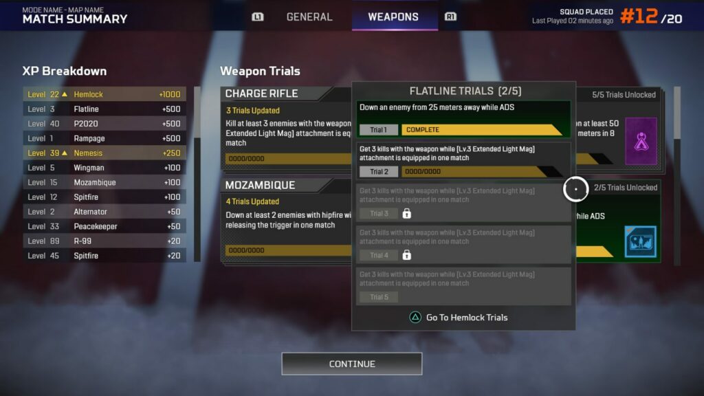 Apex Weapon Mastery features several trials per weapon