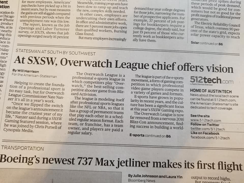A report found in the March 2018 edition of the Austin American-Statesman, reporting on the beginnings of the Overwatch League.