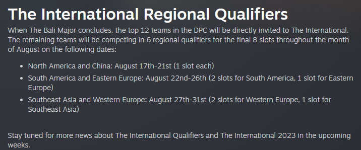 The <a href="https://steamcommunity.com/games/dota2/announcements/detail/6252732681200103717">post</a> by Valve revealed that WEU and SA were getting extra Regional Qualifier spots (Image via Valve)