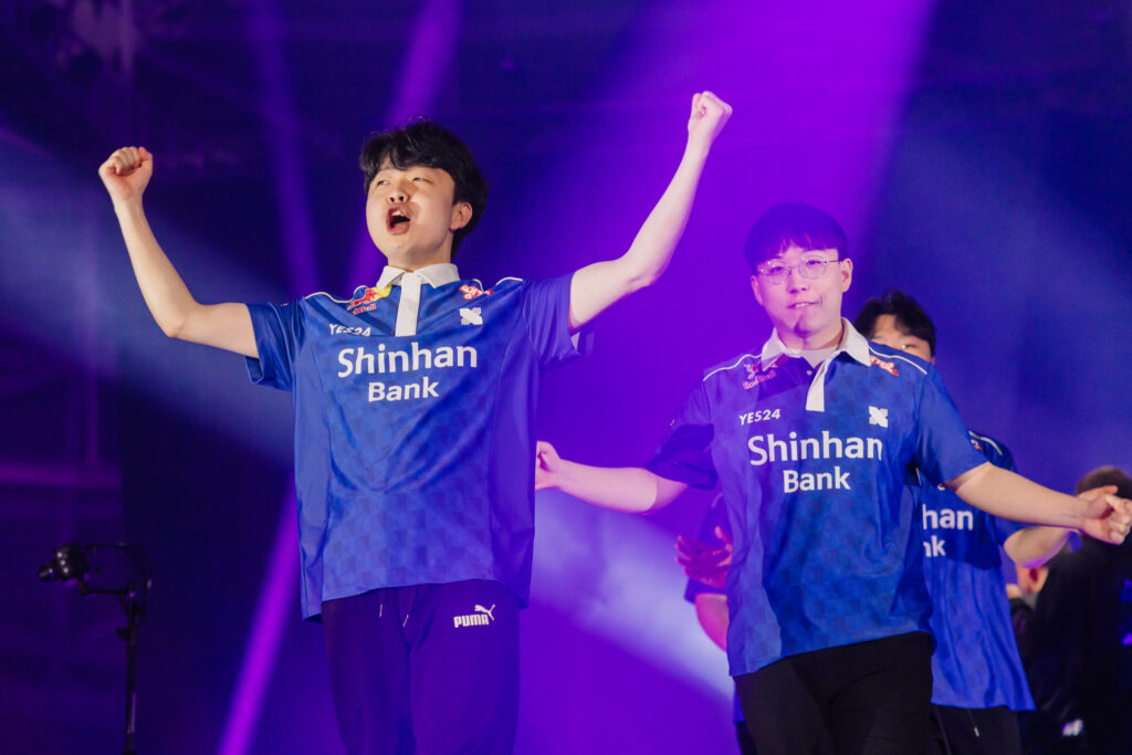 Kim "stax" Gu-taek (L) and Byung-chul "BuZz" Yu of DRX seen onstage after victory onstage after victory at VALORANT Masters Tokyo Group Stage at Tipstar Dome Chiba on June 14, 2023 in Tokyo, Japan. (Photo by Colin Young-Wolff/Riot Games)