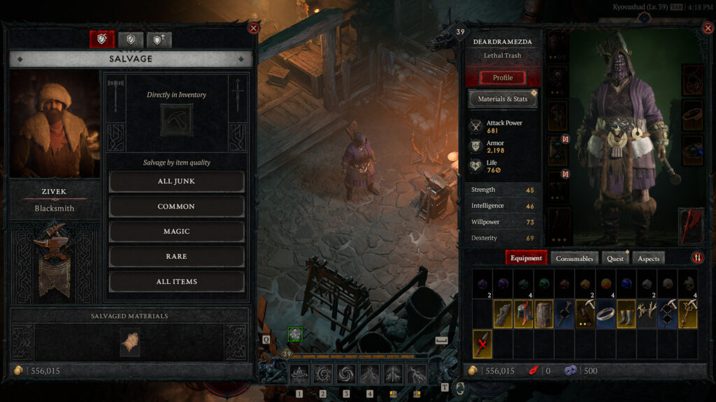 <em>The salvage screen found at any blacksmith within a waypoint town in Diablo 4.</em>