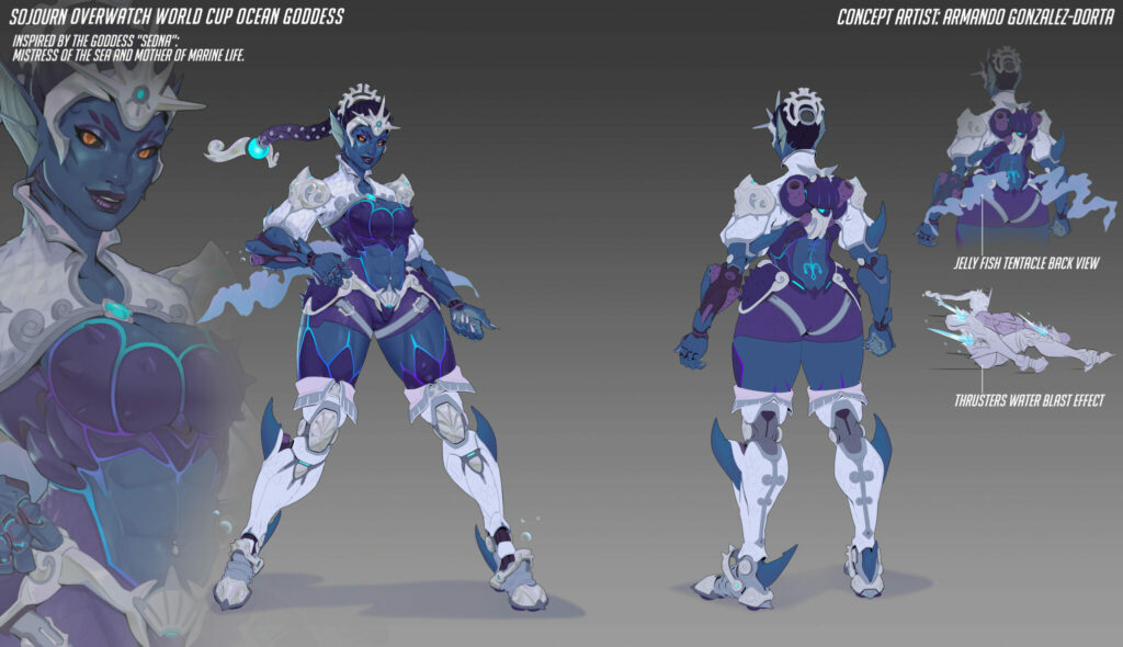 Concept art for the Sojourn Ocean Goddess skin in Overwatch 2 (Image via Blizzard Entertainment)