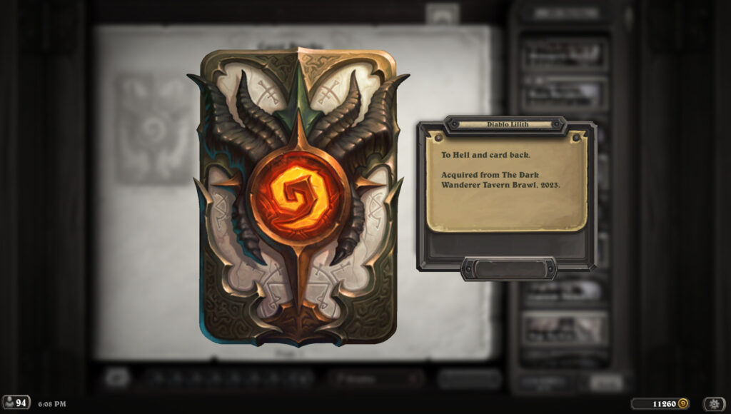 The Diablo 4 Lilith card back in Hearthstone (Image via Blizzard Entertainment)