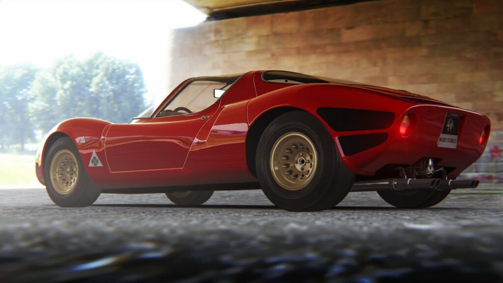 A sleek red car sits under an overpass in Assetto Corsa, a Steam VR title.