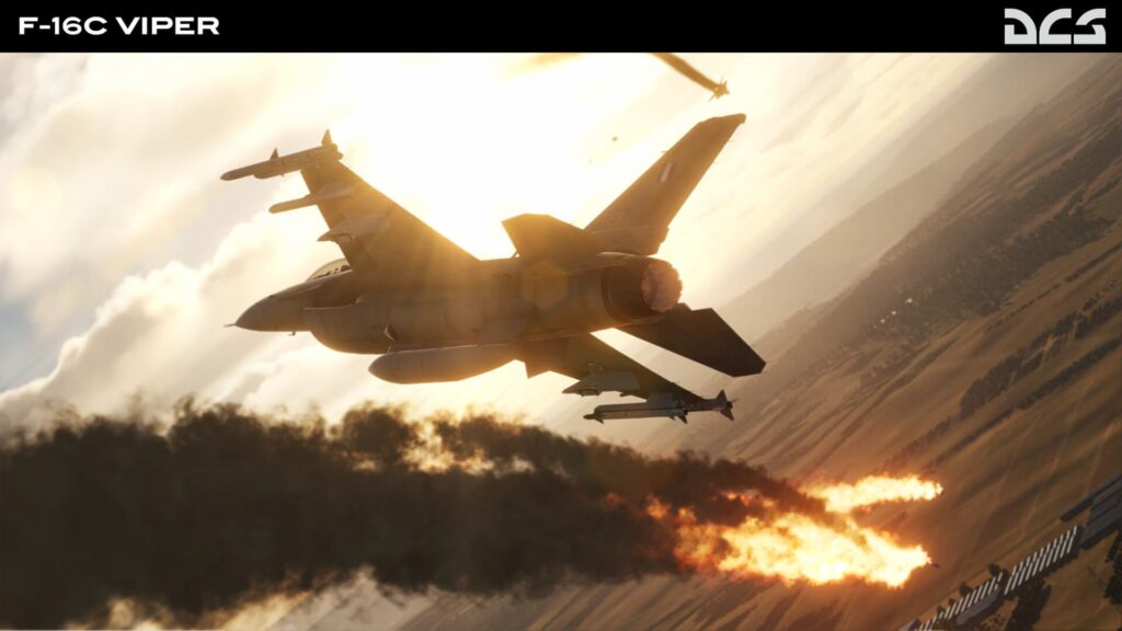 A fighter jet flies over a warzone with a flaming plane crashing in the background of DCS World Steam Edition.