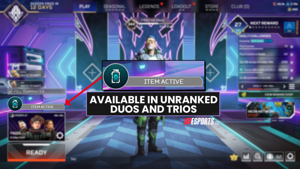 Load into a match that says "Item Active" above it, this is currently only unranked duos or trios (screenshot by esports.gg)