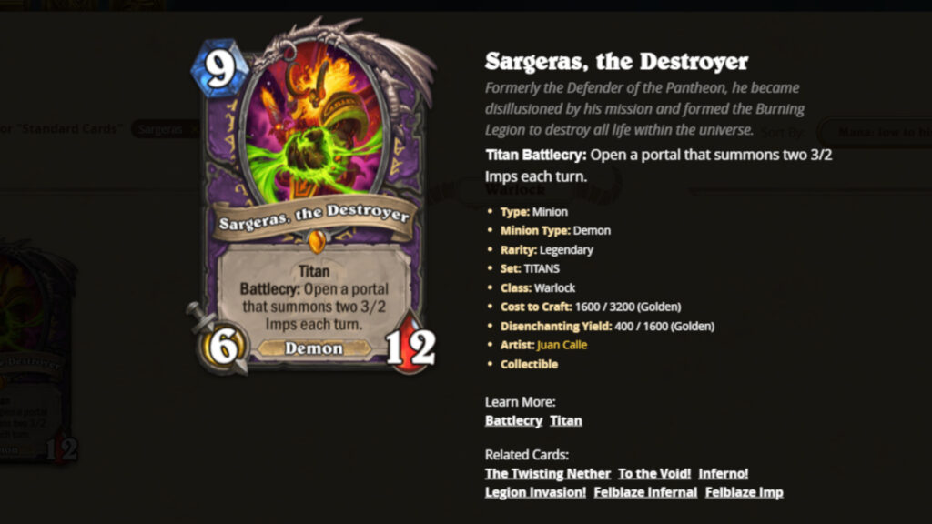 Sargeras in Hearthstone (Image via Blizzard Entertainment)