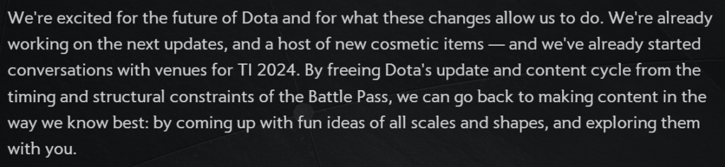 Valve mentions working on the next updates with the Dota 2 pro system in place.<br>Screencapped from <a href="https://www.dota2.com/newsentry/6252732681186068104" target="_blank" rel="noreferrer noopener nofollow">Valve's Blogpost</a>