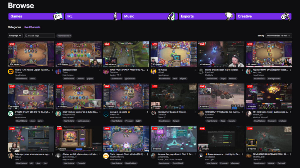 The Hearthstone section on Twitch (Image via Twitch)