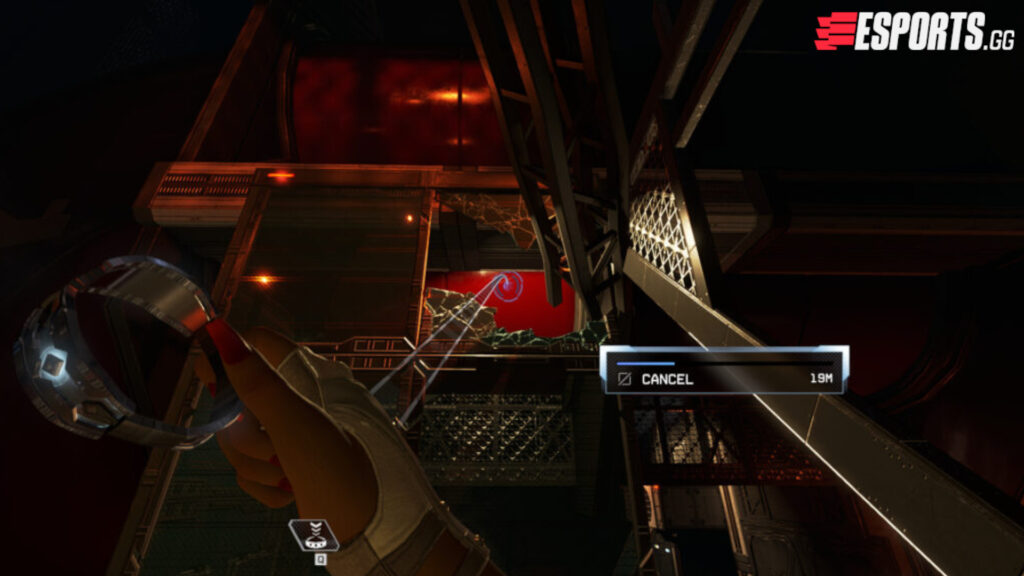 Throw the bracelet through the broken glass panel (Screenshot taken by Esports.gg)