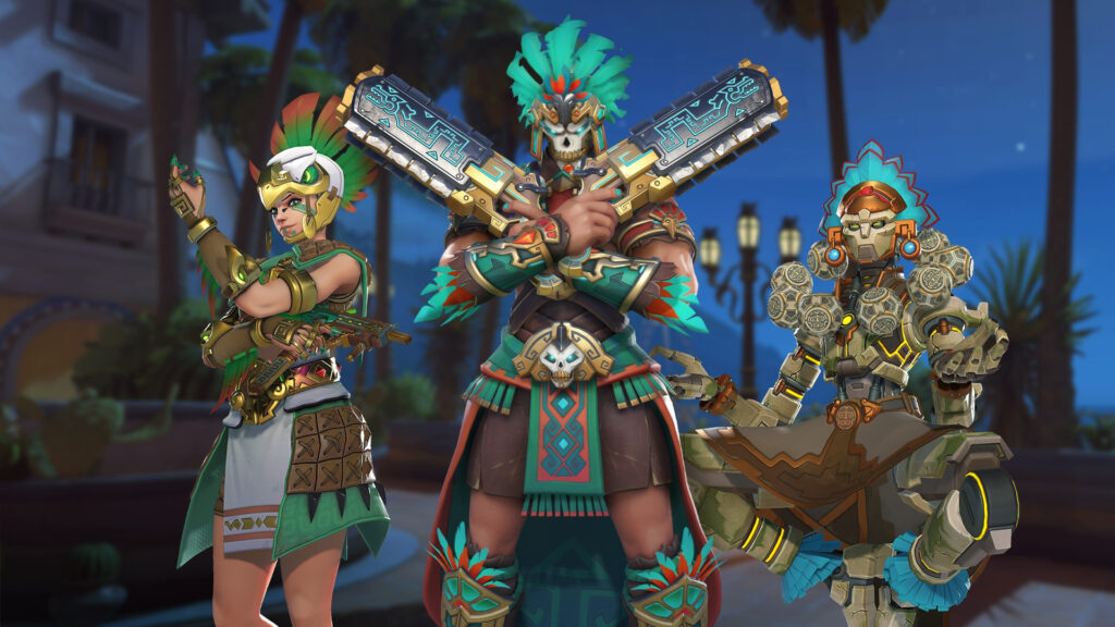 Aztec Sombra, Eagle Warrior Reaper, and Huitzilopochtli Zenyatta in Overwatch 2 (Image via Blizzard Entertainment)