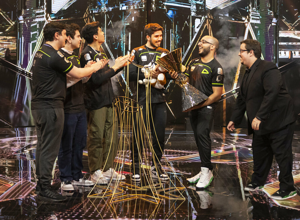 ISTANBUL, TURKEY - SEPTEMBER 18: LOUD celebrates with a trophy lift onstage after victory against OpTic Gaming at the VALORANT Champions 2022 Istanbul Grand Finals on September 18, 2022 in Istanbul, Turkey. (Photo by Colin Young-Wolff/Riot Games)