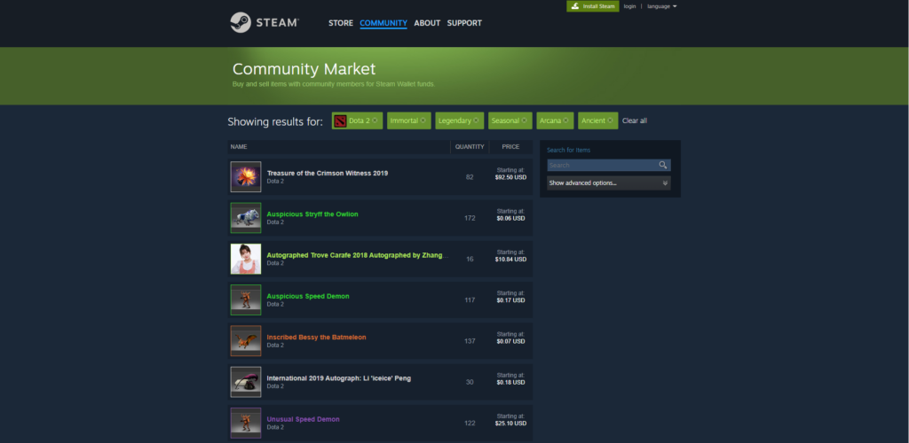 Dota 2 items for sale at Steam Community Market (Image via Valve)